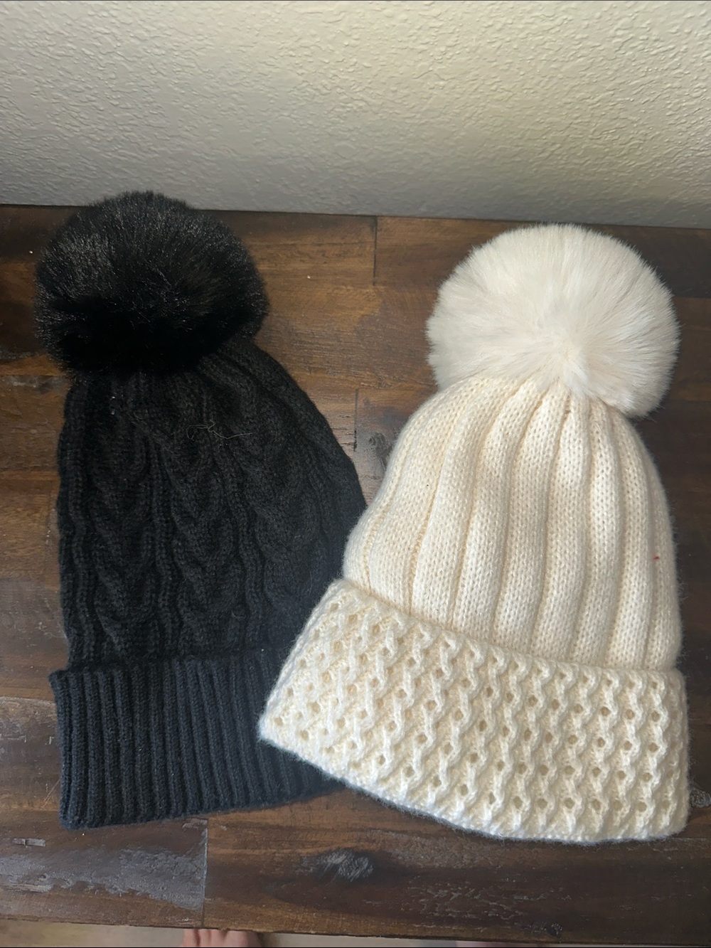 Pom-Pom Knit Beanie Hat - Black and Cream